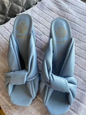 Sam & Libby Jovanna Knotted Block Heel Mule Sandals Light Blue Size 8